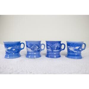 Blue Currier & Ives Homestead in Winter Barber Style Mugs Set of 4